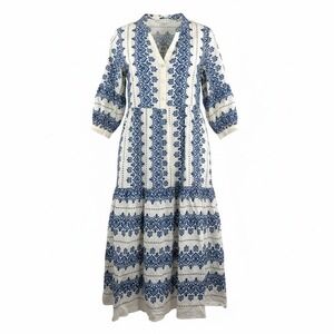 Fig + Flower Blue White Paisley floral print tiered lagen midi dress sz M 90s